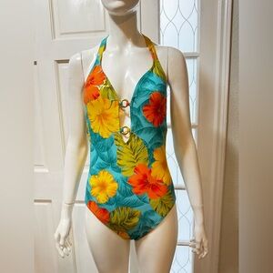 Beach Bay Tropical Floral Women’s One Piece Swimsuit Size 12